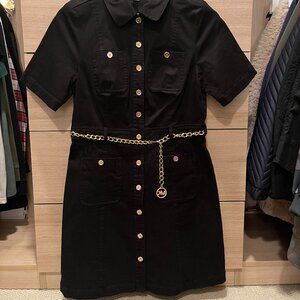 NWT - Michael Kors Stretch Organic Cotton Twill Belted Dress in Black, Size 4